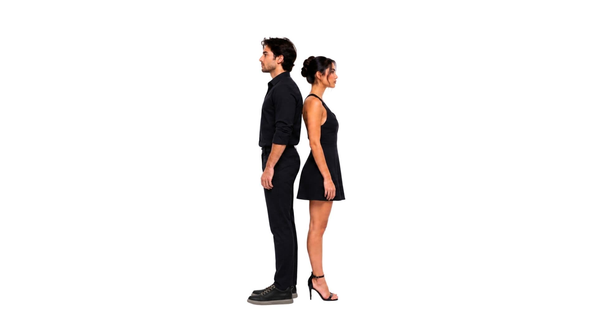 man in 3-inch elevator shoes, now level with the same woman in heels